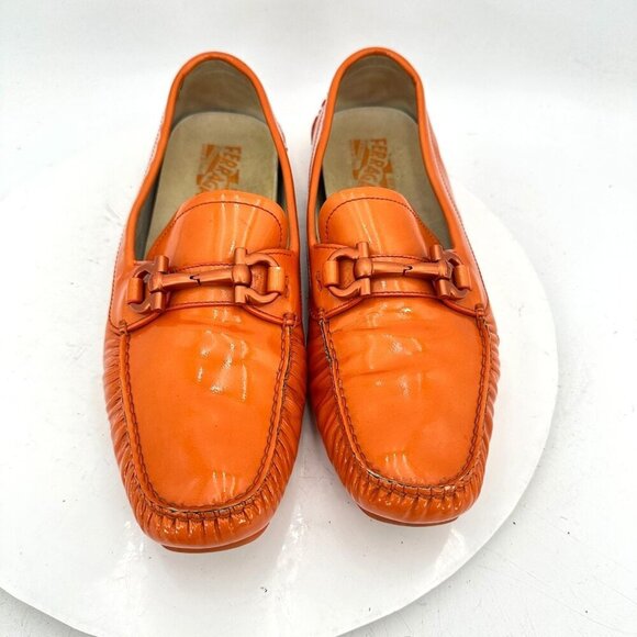 Salvatore Ferragamo Men Size 8.5M Orange Patent Leather Horsebit Loafer Shoes